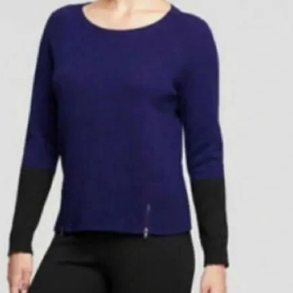 EILEEN FISHER Purple Black Wool Yak Blend Colorblock Crew Neck Zipper‎ Sweater M